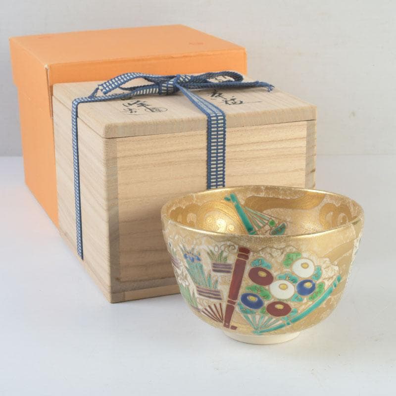 茶道具　京焼　上山善峰作　金砂子　扇面流茶碗　共箱　V　9825