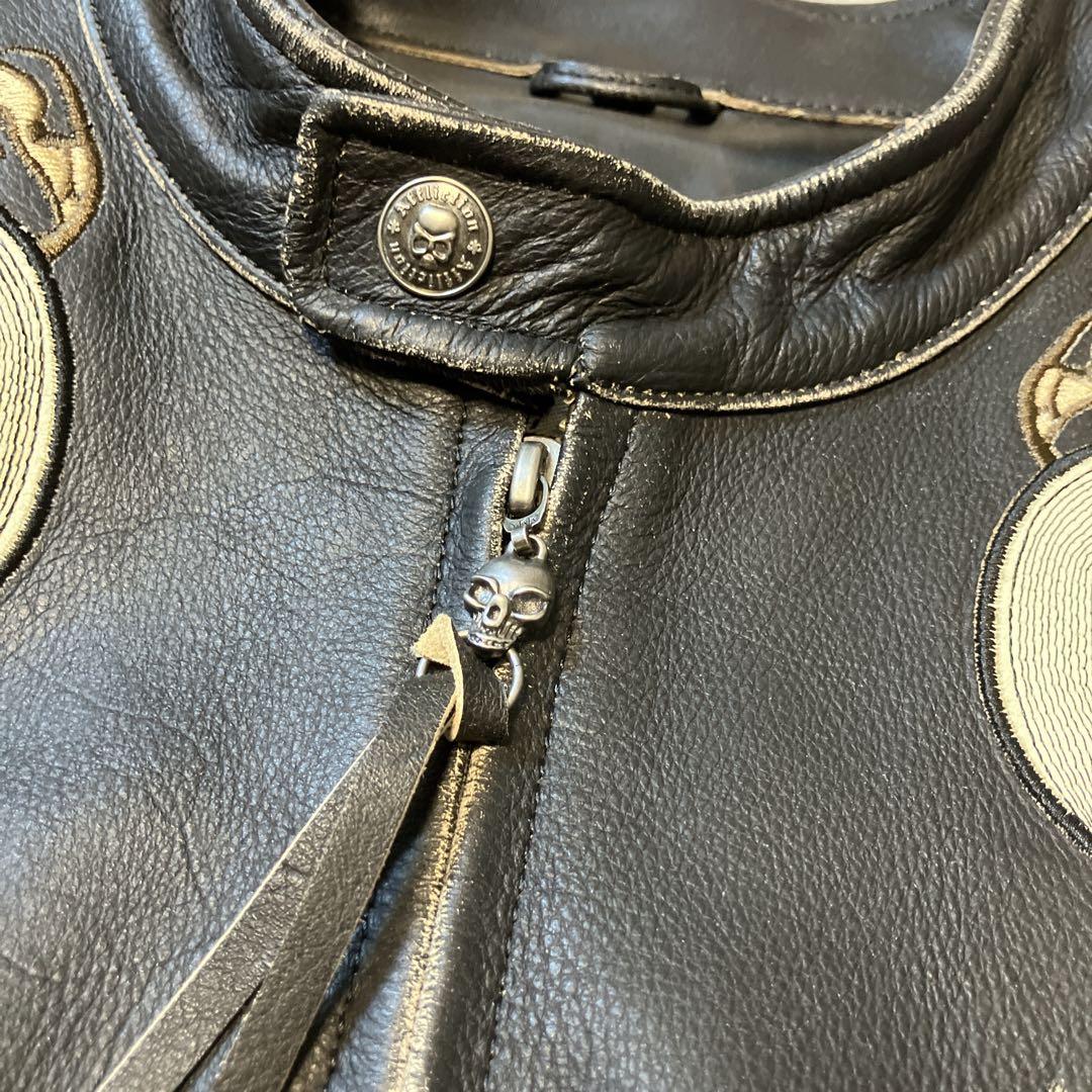 【美品】 Affliction シングルライダースジャケット スカル 刺繍 XL