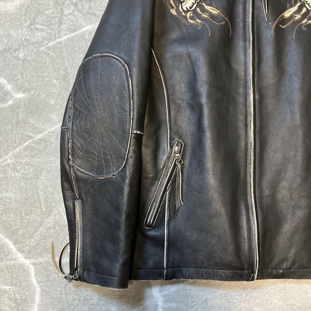 【美品】 Affliction シングルライダースジャケット スカル 刺繍 XL