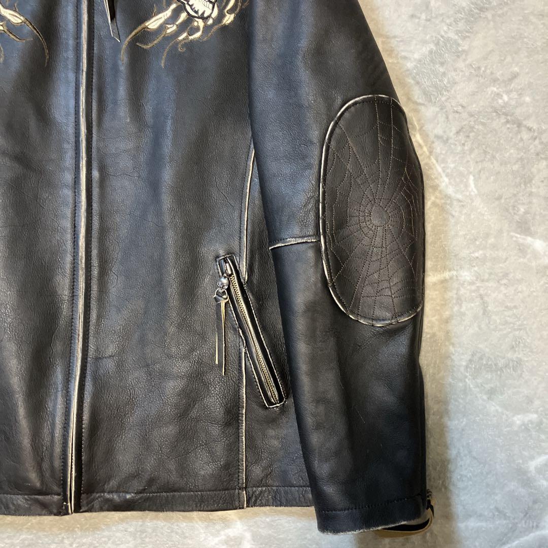 【美品】 Affliction シングルライダースジャケット スカル 刺繍 XL