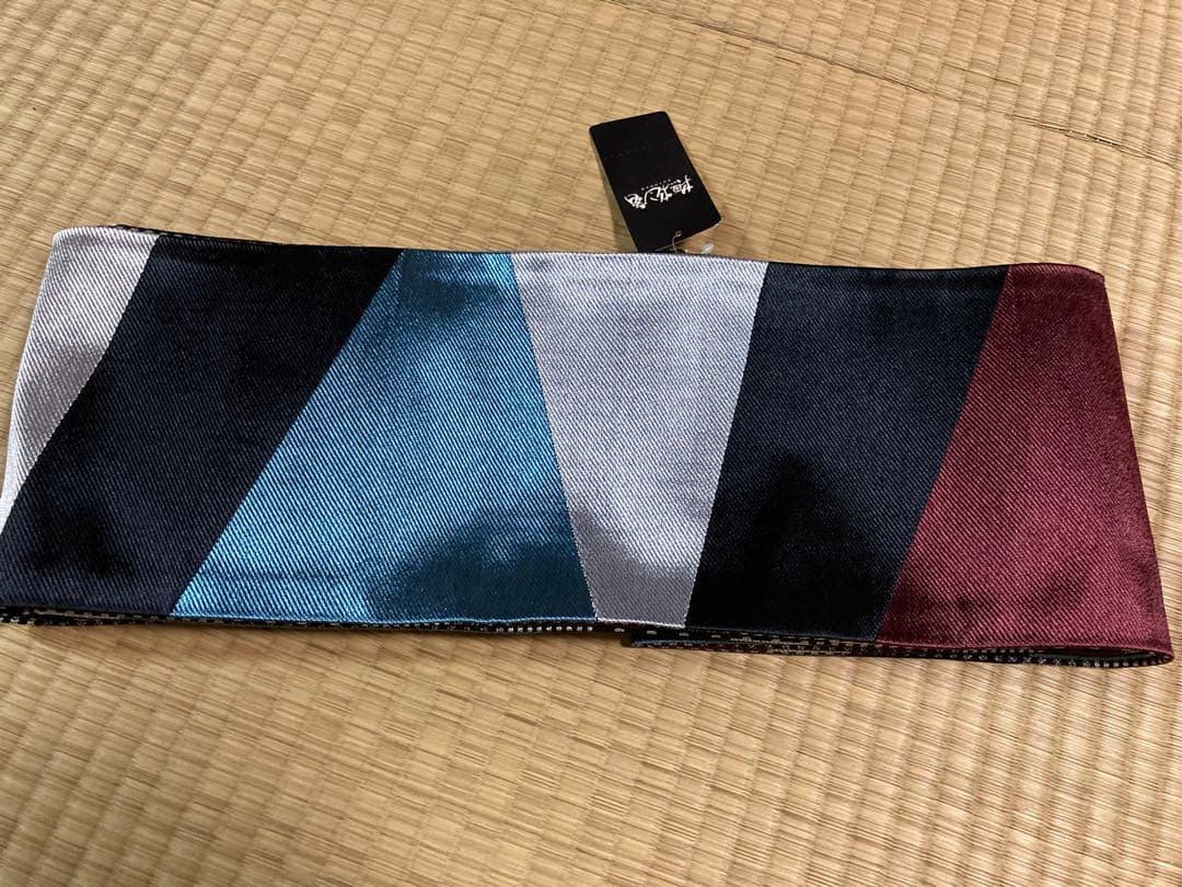 【撫松庵】大柄幾何模様とストライプ・ドット等リバーシブル半幅帯