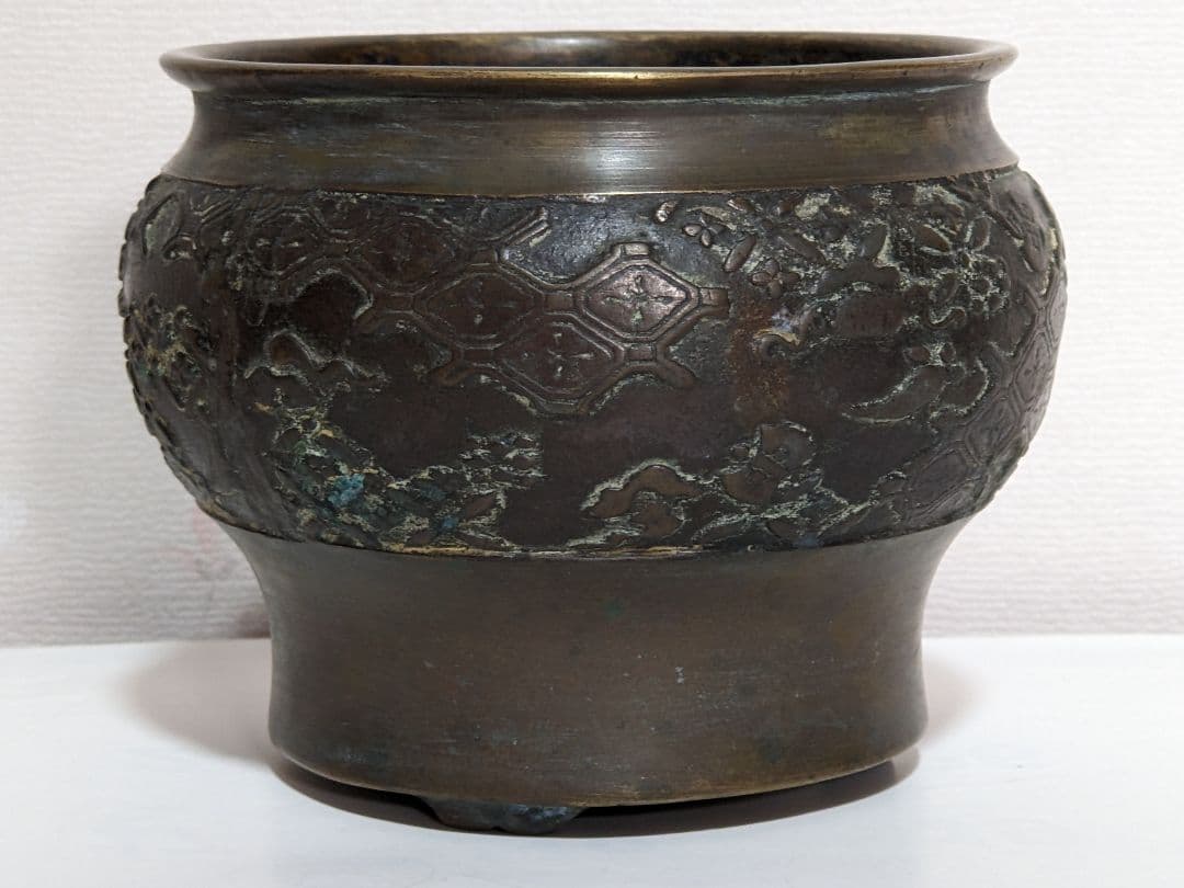 ♦分銅 花卉図紋香炉 唐金 江戸 幕末 文化文政コレクション骨董品アンティーク