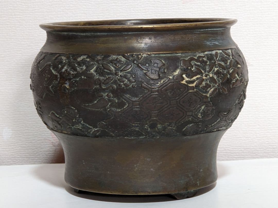 ♦分銅 花卉図紋香炉 唐金 江戸 幕末 文化文政コレクション骨董品アンティーク