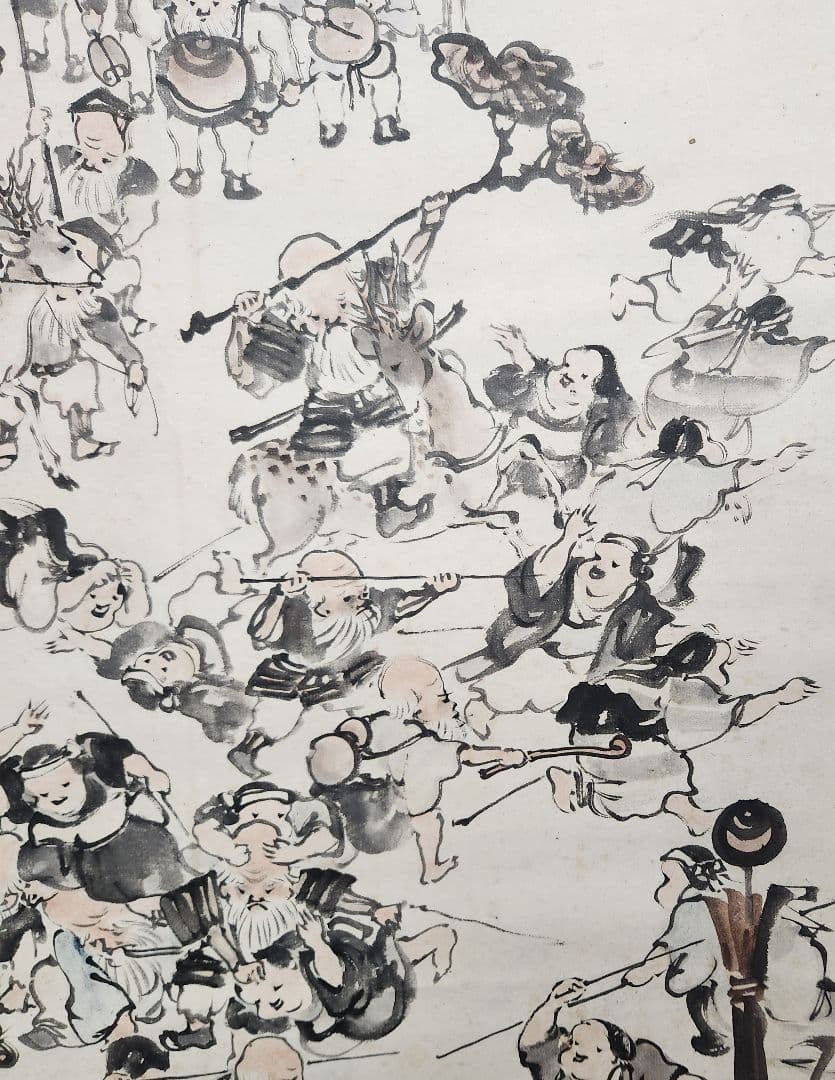 【寿老百福戯図】皐月鶴年 723 寉年 鶴翁 祝時 掛け軸　お多福　肉筆