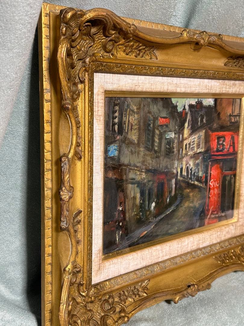 有名作家作品の気がします　外国街の街風景 油彩画 豪華デザイン額縁　絵画　美術品