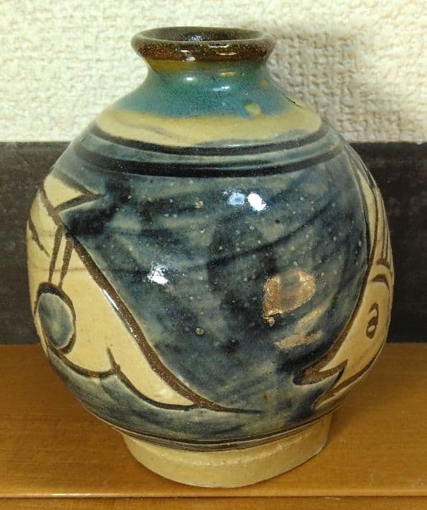 人間国宝 金城次郎 徳利 栞 共箱(本人書付) 美品 笑魚,魚紋徳 壷屋焼