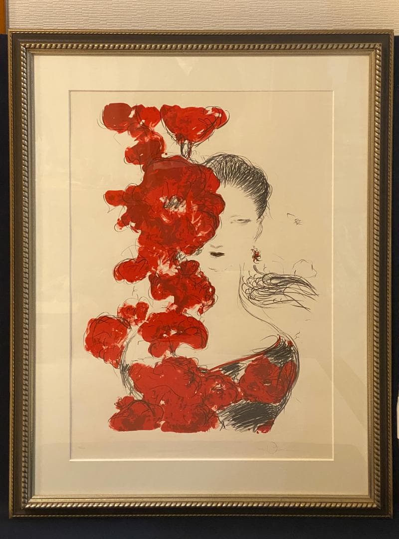 「真作」天野喜孝「朱夏花－あかいはな－」額装　版画　32/100　直筆サイン入り