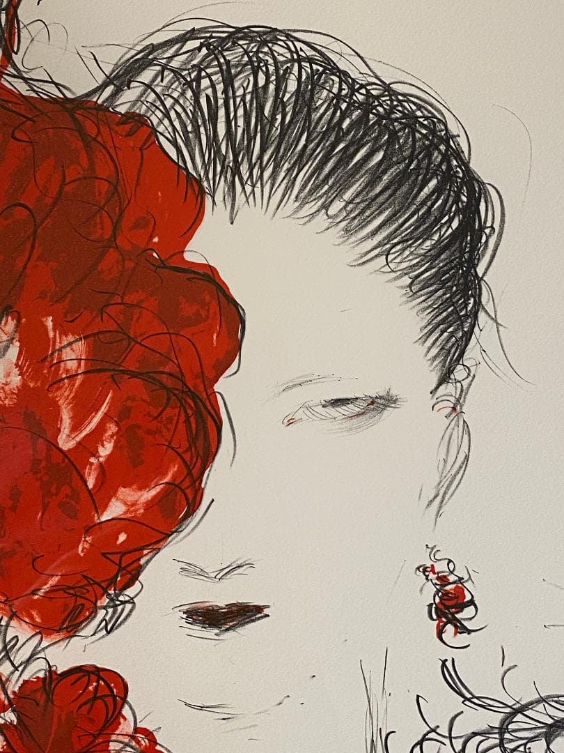 「真作」天野喜孝「朱夏花－あかいはな－」額装　版画　32/100　直筆サイン入り