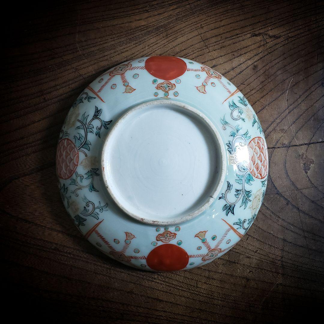 古伊万里　色絵付　中皿　赤絵　薄緑　草文様　希少図　トリアシ　ロ号　明治