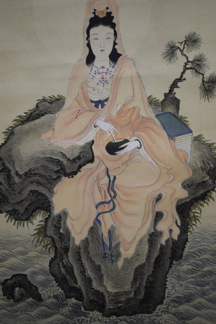 真作/森田竹崖/岩上観音図/般若心経/布袋屋掛軸HF-765