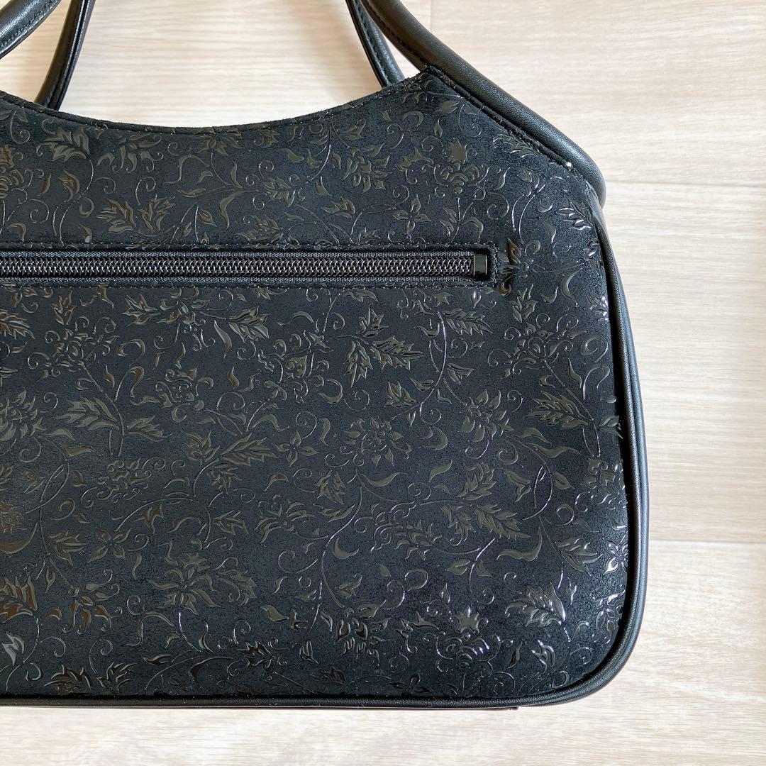 印傳屋 ハンドバッグ 黒漆 レザー 鹿革 花唐草 模様 和装 着物 甲州印伝