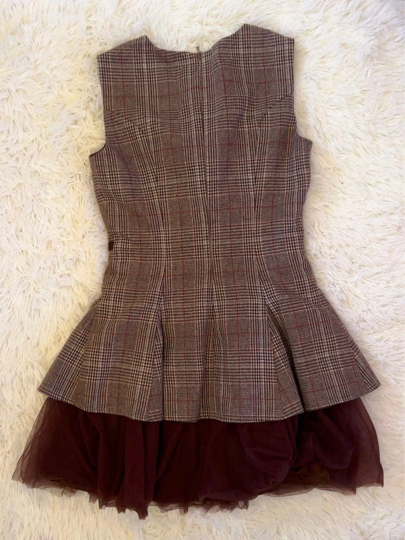 チェックノースリーブベルトデザインチュールミニキャバドレス