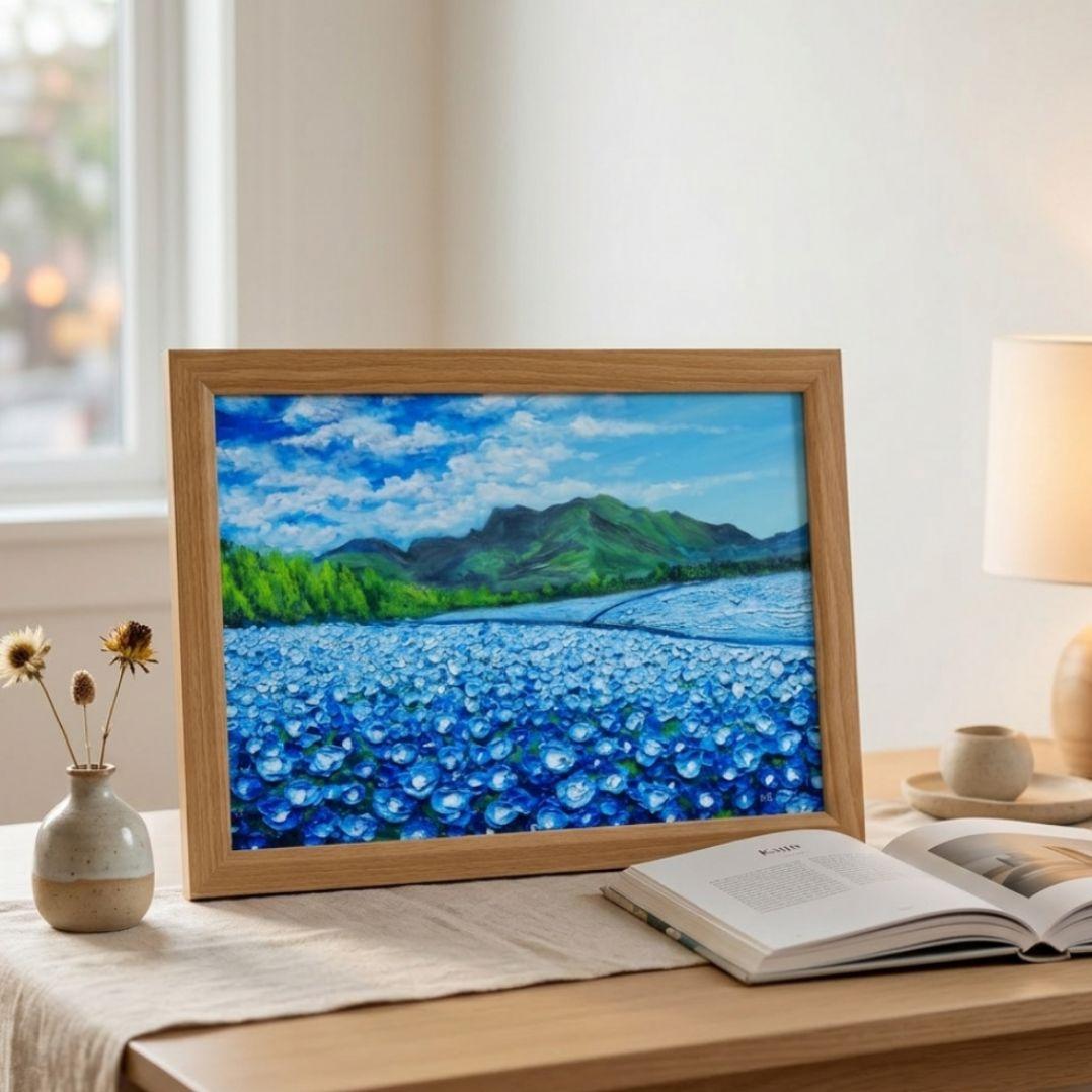 油絵 油彩 油彩画 絵 絵画【くじゅう花公園のネモフィラ畑】