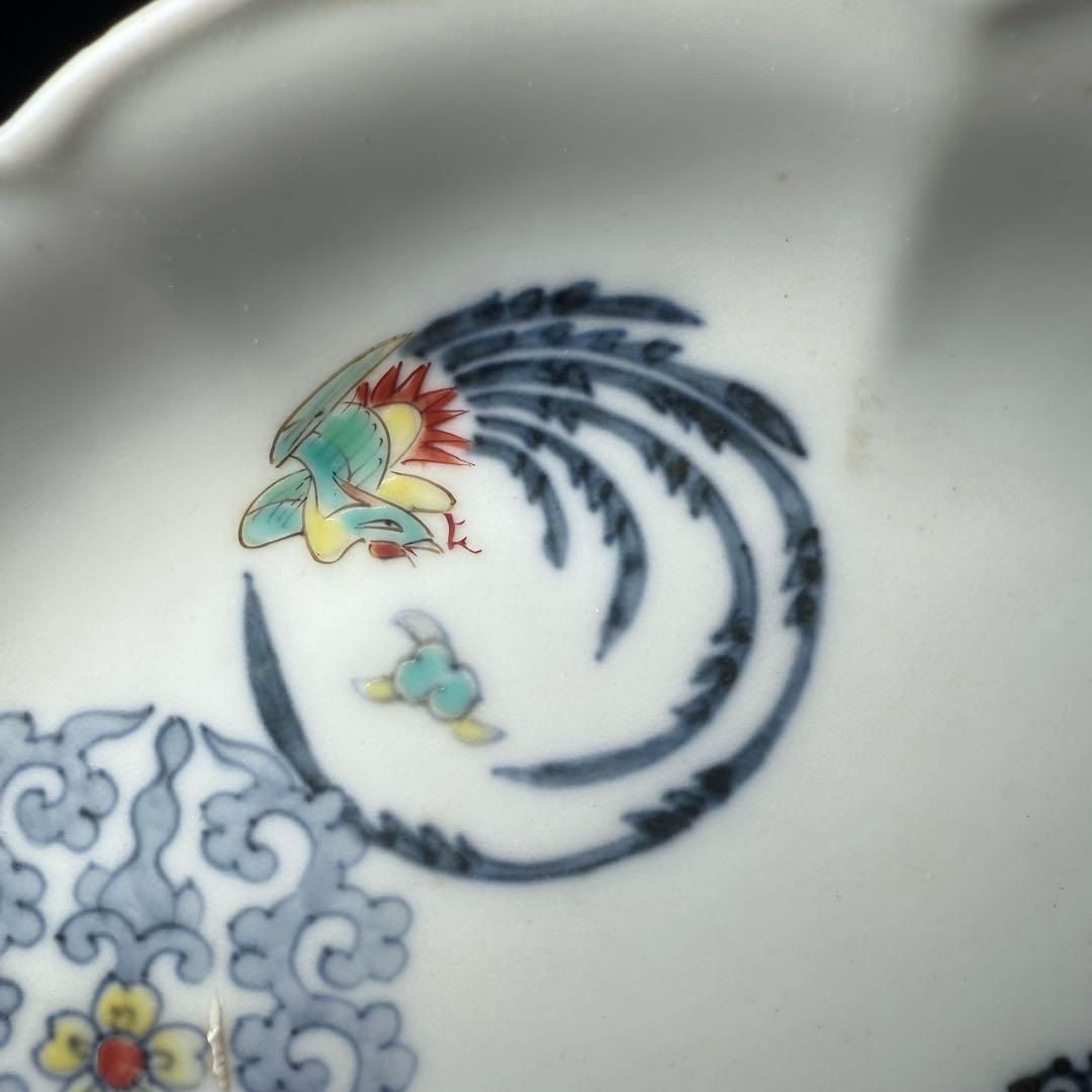 大正〜昭和初期　十二代柿右衛門　錦　丸文様　鳳凰文　変形皿　角福　5枚　希少な器