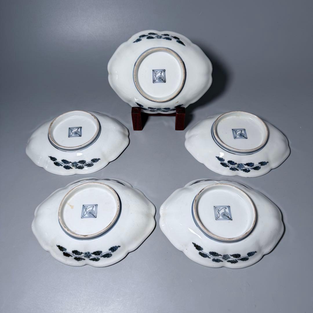 大正〜昭和初期　十二代柿右衛門　錦　丸文様　鳳凰文　変形皿　角福　5枚　希少な器