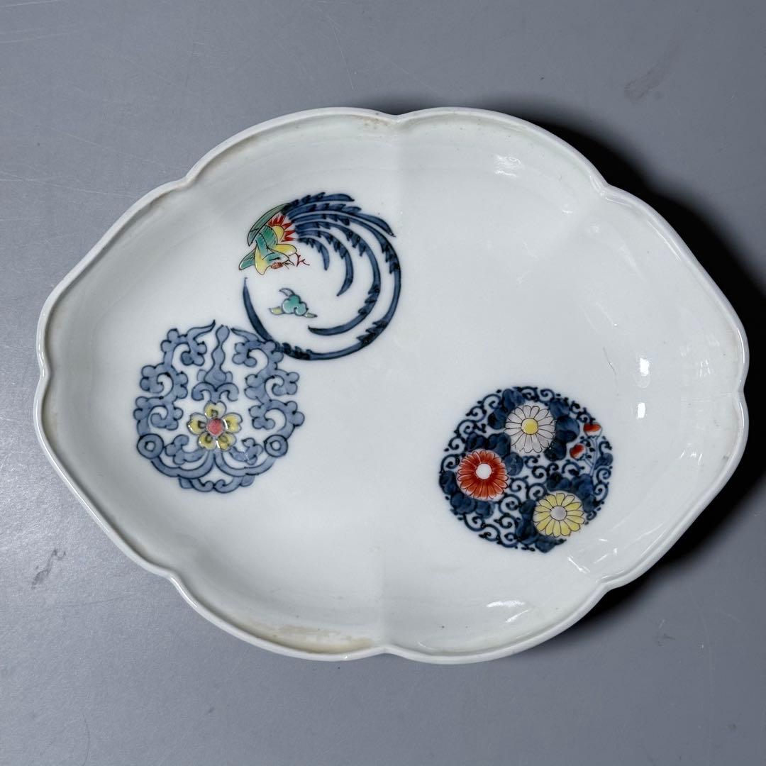 大正〜昭和初期　十二代柿右衛門　錦　丸文様　鳳凰文　変形皿　角福　5枚　希少な器