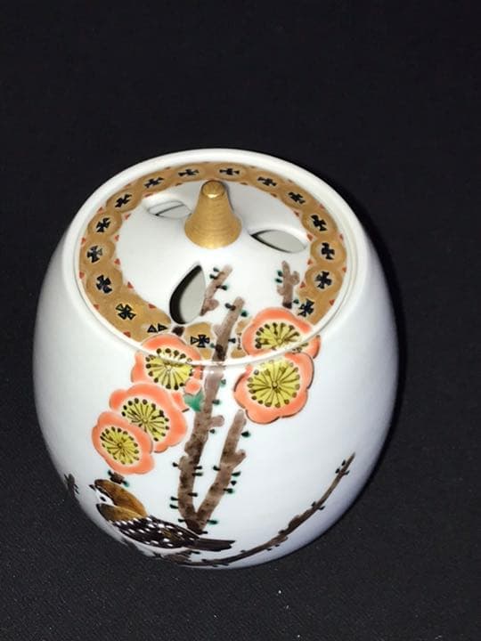 九谷焼　武腰一憲【香炉　梅鳥の図】共箱 共布 陶暦　未使用品 K225