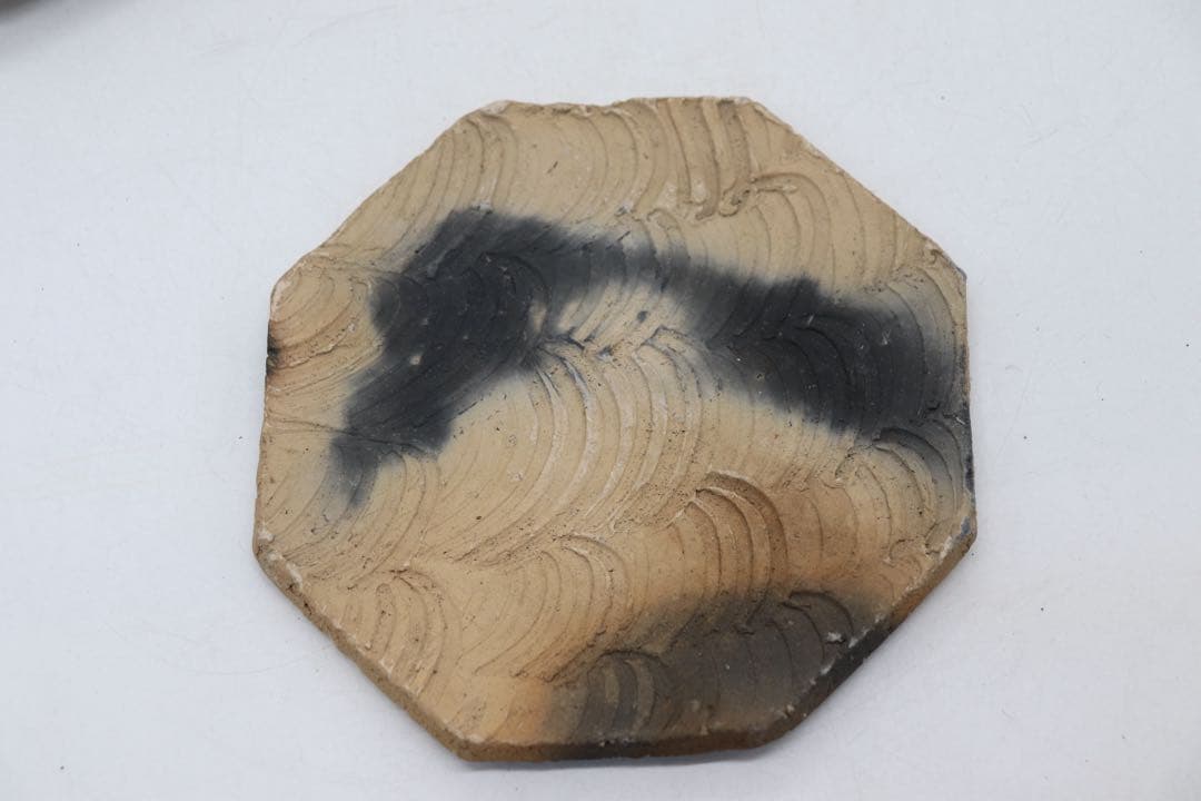 坂田甚内作　黒灰陶波紋六角皿3点　送料込み250607