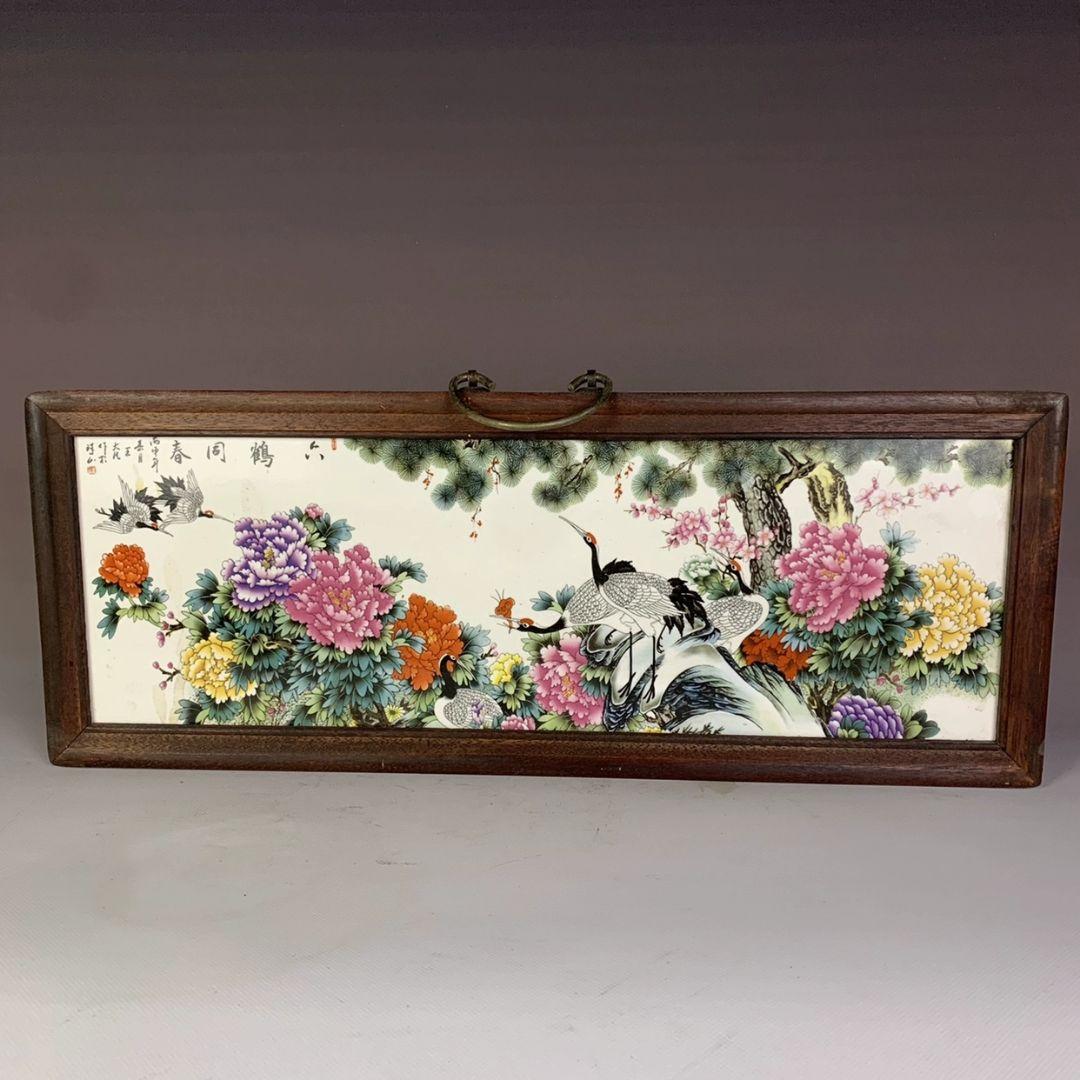 景徳鎮 粉彩六鶴同春図 陶板画 掛飾 装飾品 工芸品 美術品 置物