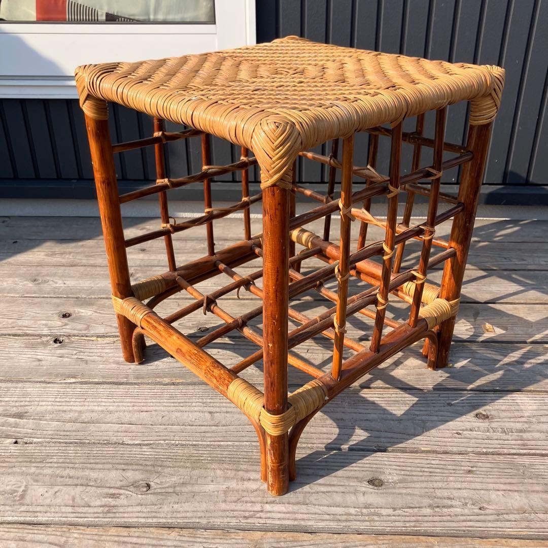 昭和レトロ 四角スツール ラタンスツール 格子型 腰掛け 古家具 ビンテージ
