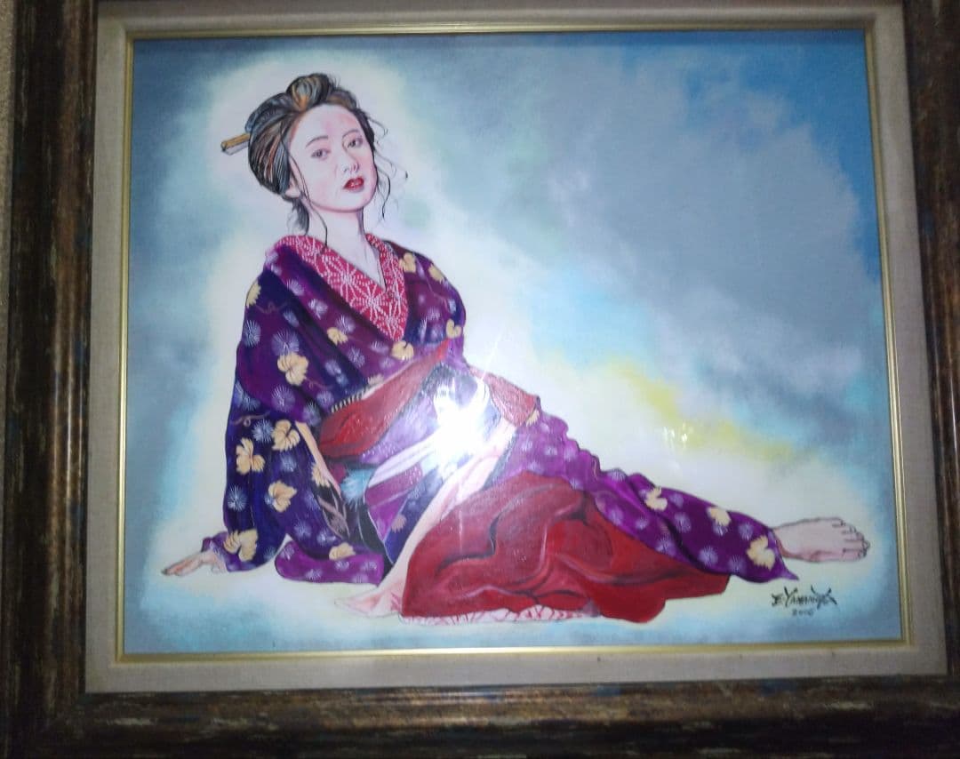 美人画、裸婦、油彩１２号、芸子、山本英二、額縁、真作肉筆、高塚省吾、森本草介。