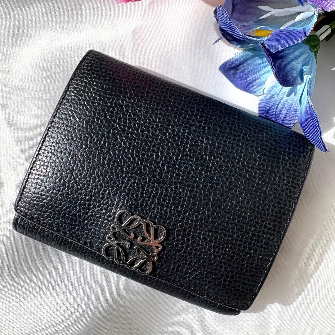 ロエベ 三つ折り財布 トライフォールド アナグラム ブラック レザー