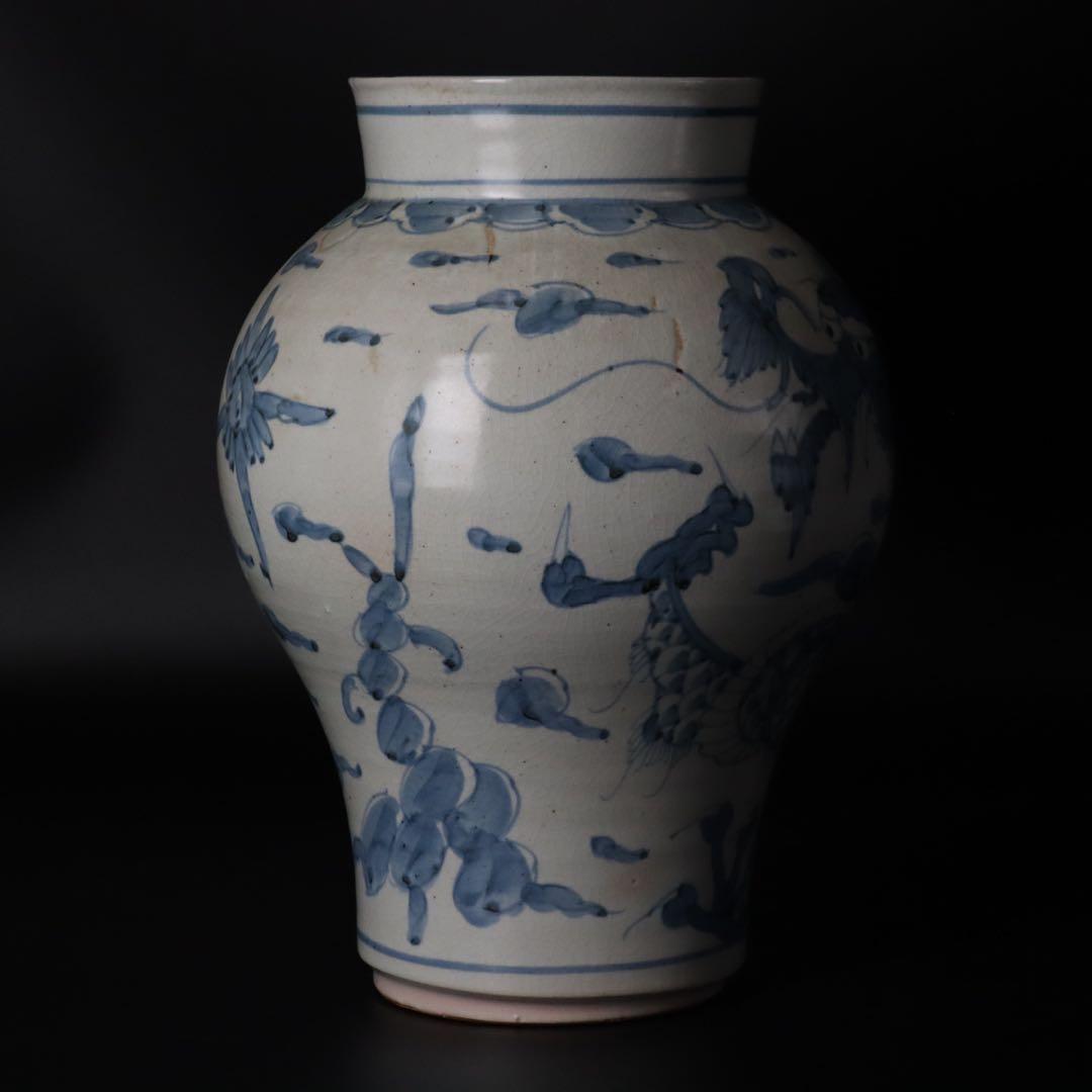 李朝時代 染付雲龍図花入 高：32cm 朝鮮古陶 唐物骨董