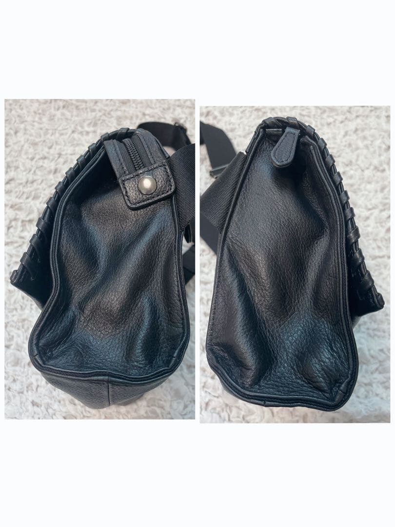 美品✨イアパピヨネ　柄ワイドテープショルダーバッグ　黒 本革　ステッチ　男女