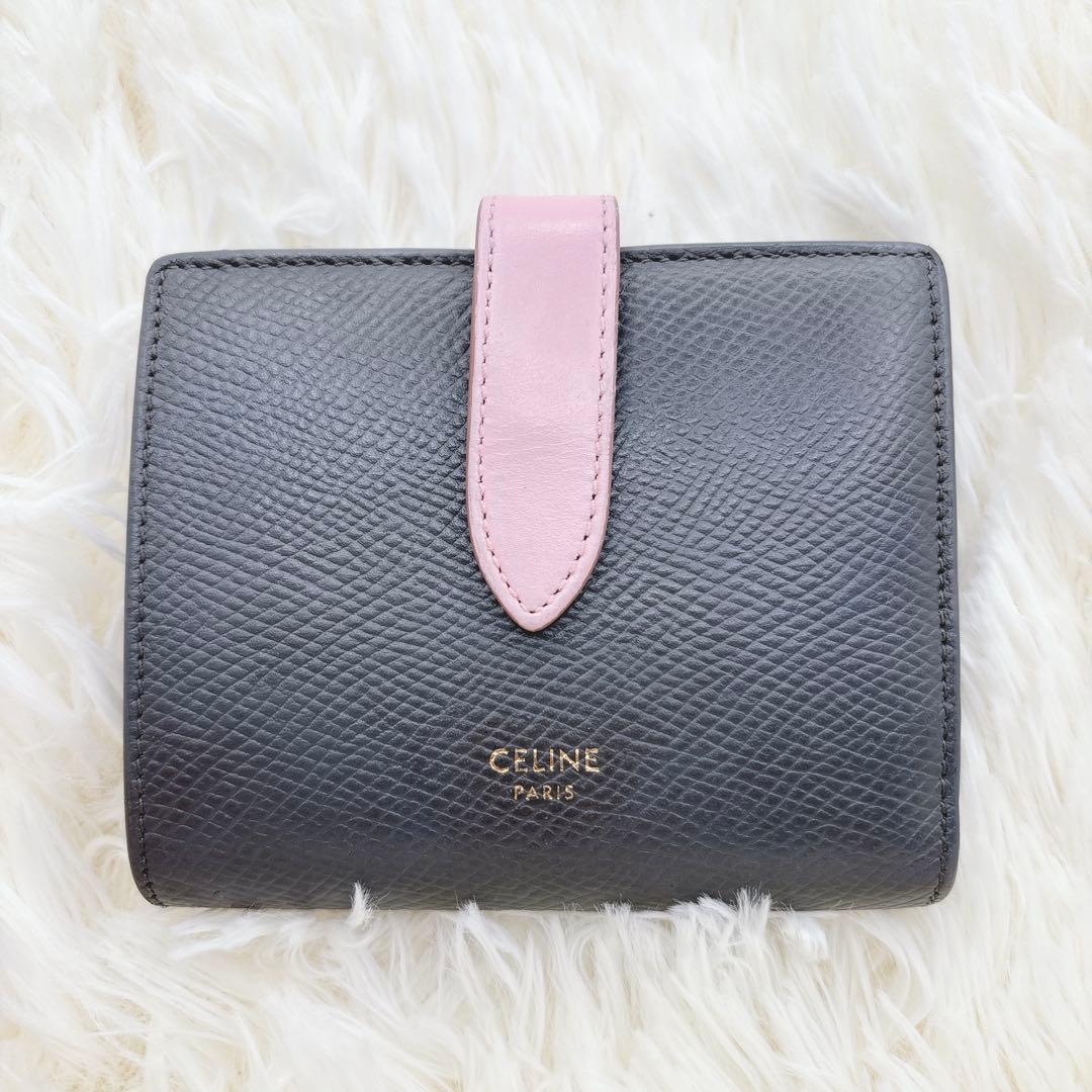美品✨️CELINE 二つ折り財布 グレー×ピンク スモールストラップウォレット