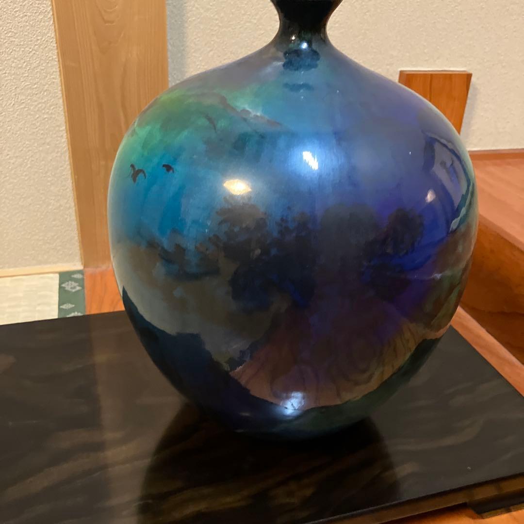 青緑色の風景陶器花瓶　　作家物　清水焼