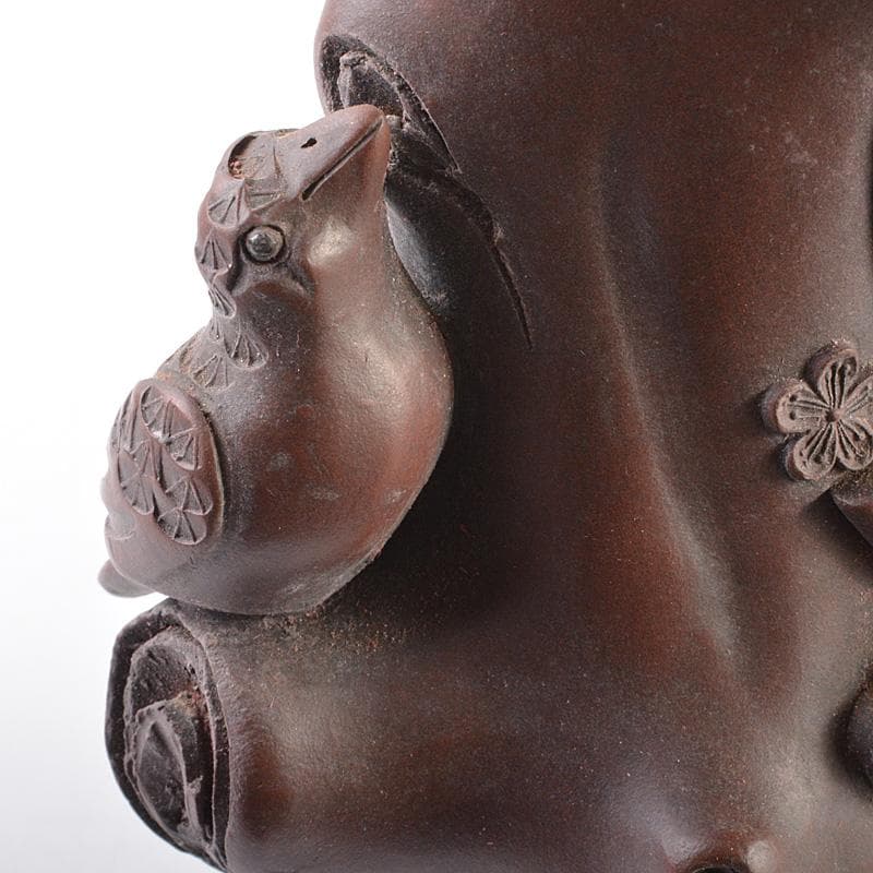 中国　紫砂　朱泥　梅に鳥彫　花瓶　在銘　V　R6449