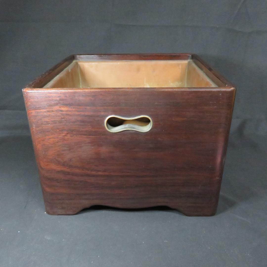 角火鉢 紫檀製 木製 瓢箪取っ手 内銅 囲炉裏 手あぶり B