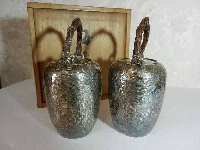 京都「岡野利光」造　純銀製棗形酒器「ちろり」一対