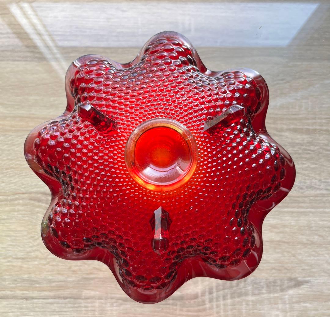 骨董　時代ガラス　霰プレス　三ツ脚付き　フリル　平鉢　菓子鉢　コンポート　ウラン