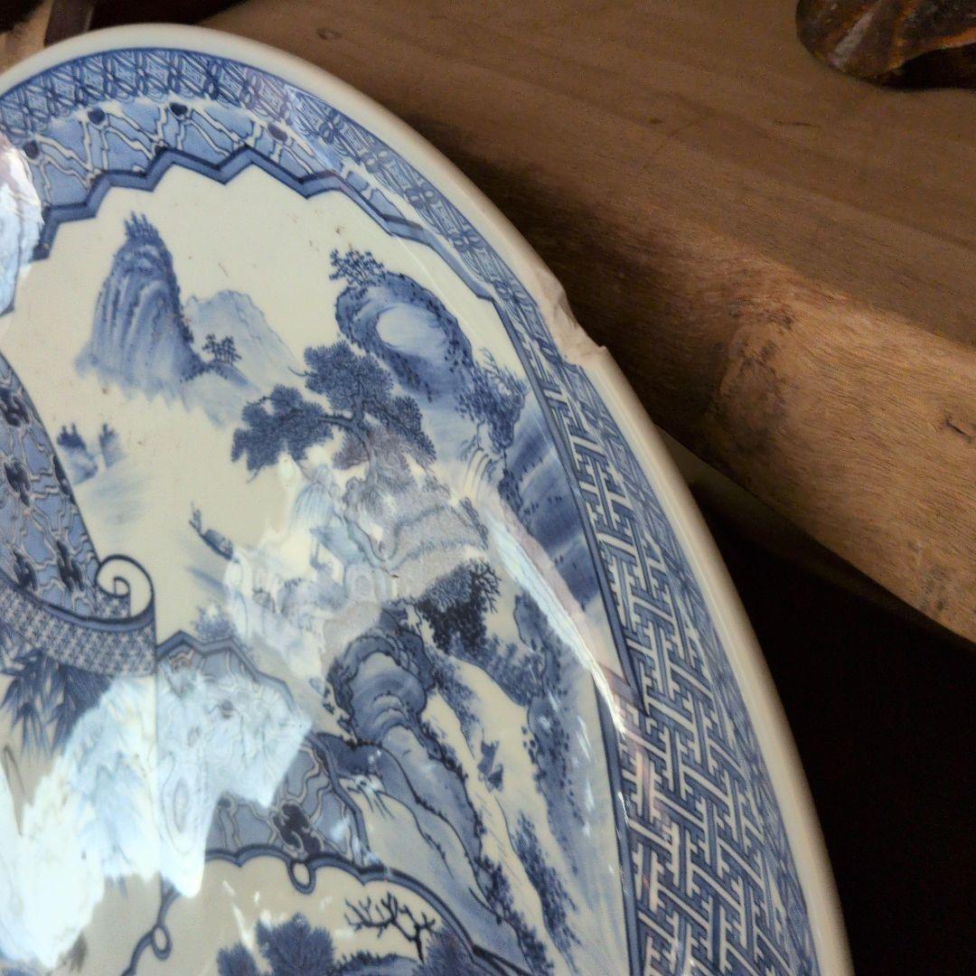 有田焼 間取鯉鶴山水　尺8大皿　 忠峰作　2尺皿　大きな飾り皿額立て付一部欠け