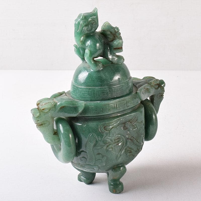 中国　玉石翡翠彫刻　雙耳活環　獅子鈕蓋爐　香炉　V　R8792