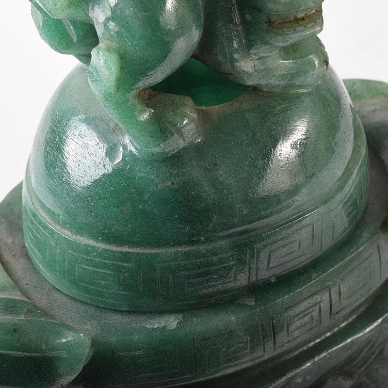 中国　玉石翡翠彫刻　雙耳活環　獅子鈕蓋爐　香炉　V　R8792