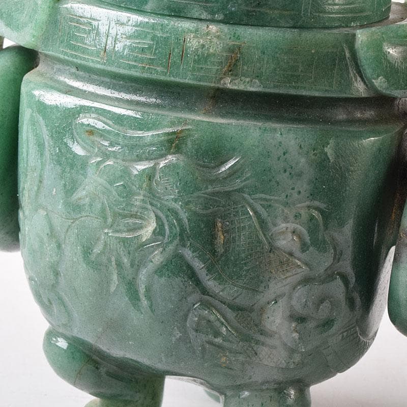 中国　玉石翡翠彫刻　雙耳活環　獅子鈕蓋爐　香炉　V　R8792