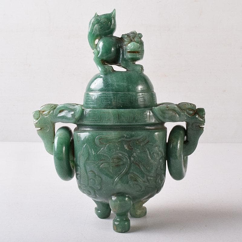 中国　玉石翡翠彫刻　雙耳活環　獅子鈕蓋爐　香炉　V　R8792