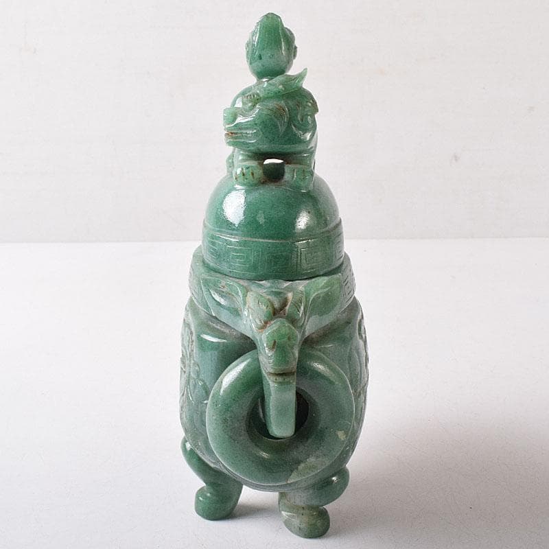 中国　玉石翡翠彫刻　雙耳活環　獅子鈕蓋爐　香炉　V　R8792