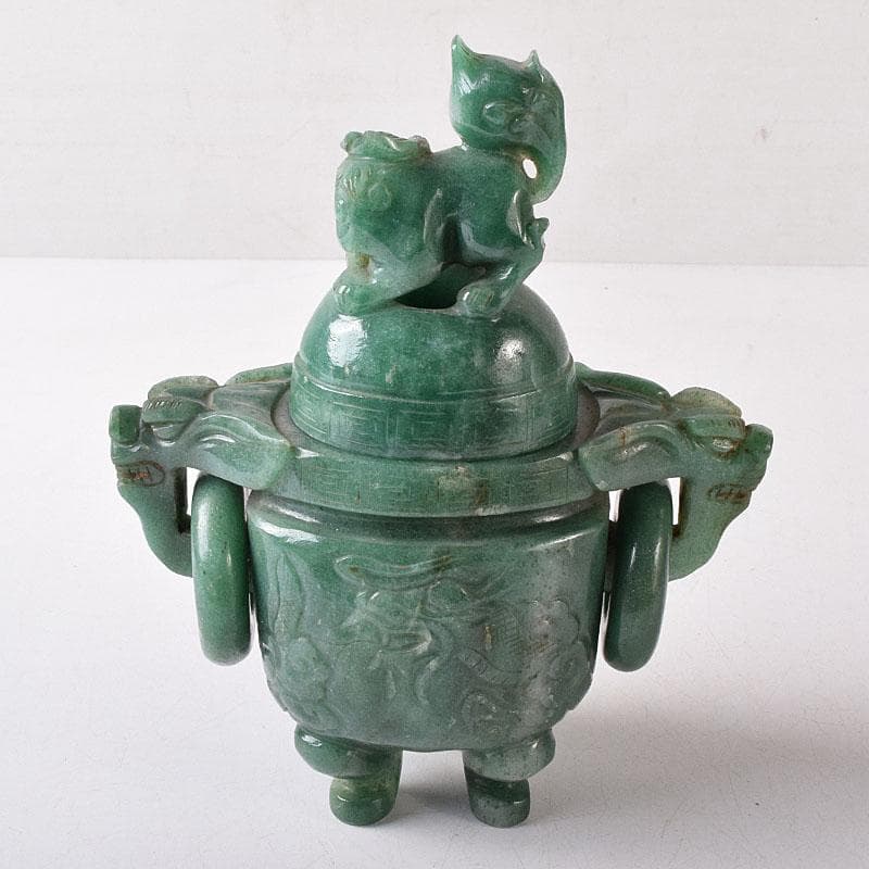 中国　玉石翡翠彫刻　雙耳活環　獅子鈕蓋爐　香炉　V　R8792