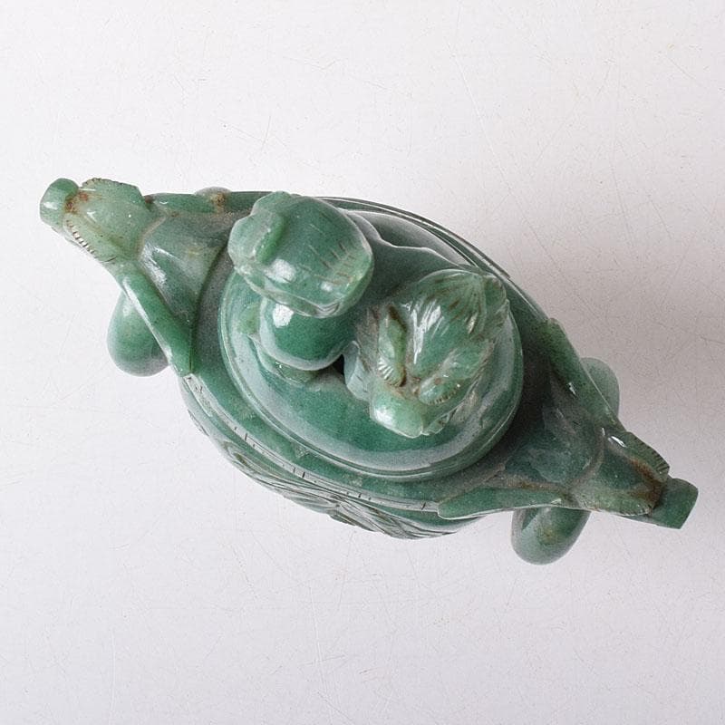 中国　玉石翡翠彫刻　雙耳活環　獅子鈕蓋爐　香炉　V　R8792