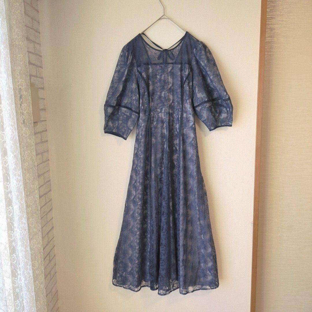 美品 GIRL パフスリーブ レース マキシドレス L 大きい ゆったり 結婚式