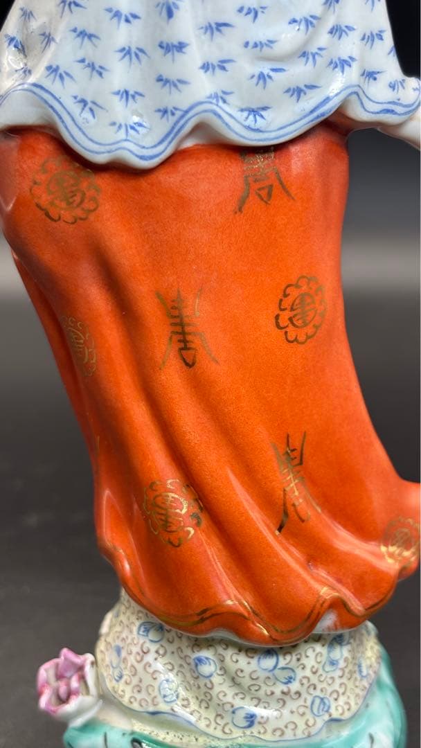 004 中国美術 色絵陶人形 高さ25cm 置物 オブジェ 古董品 觀音像