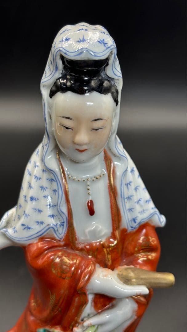 004 中国美術 色絵陶人形 高さ25cm 置物 オブジェ 古董品 觀音像