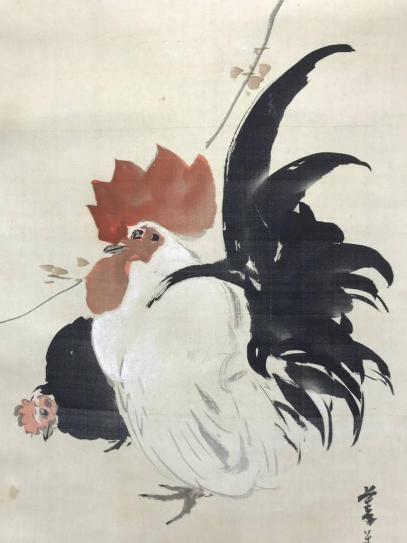 【真作】橋本陵華/梅花之鶏/鶏図/双鶏図/掛軸/名家伝来/AC-337