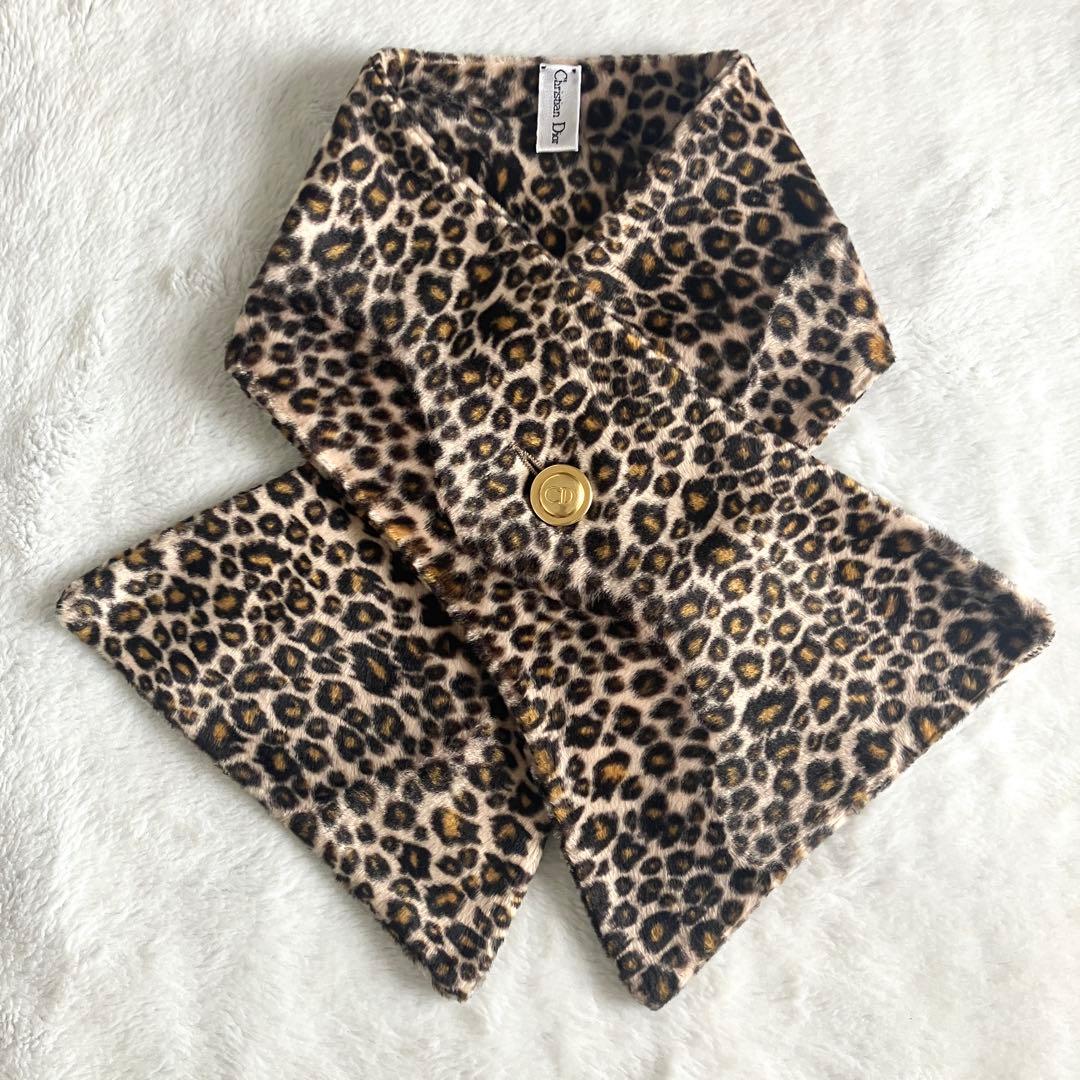 クリスチャンディオール CD金ボタン レオパード エコファーマフラー イタリア製