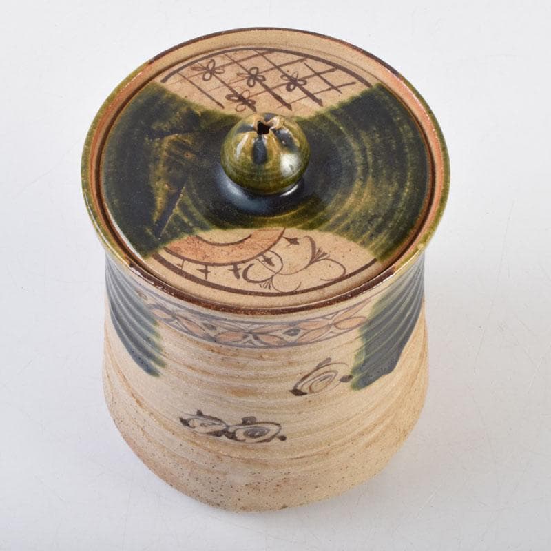 茶道具　織部焼　青織部　水指　陶印あり　時代箱　C　9077