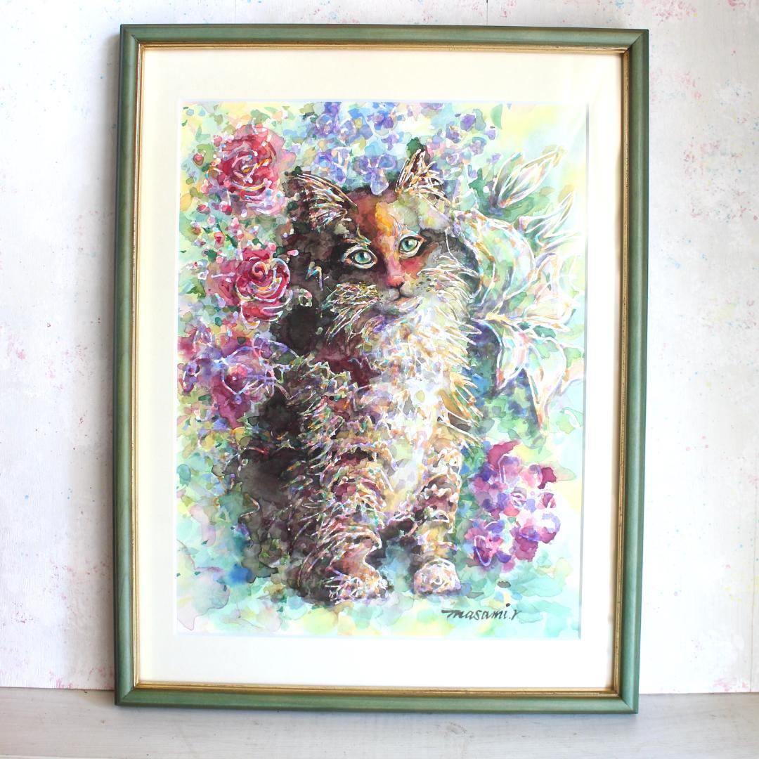 猫の絵 水彩画 原画 額付き「花の香り」F4