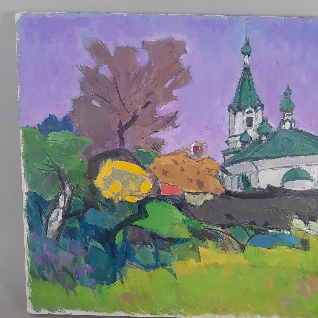 No4605 額装　菅野矢一「教会の春」油彩画　直筆サイン　箱付　絵画　送料無料